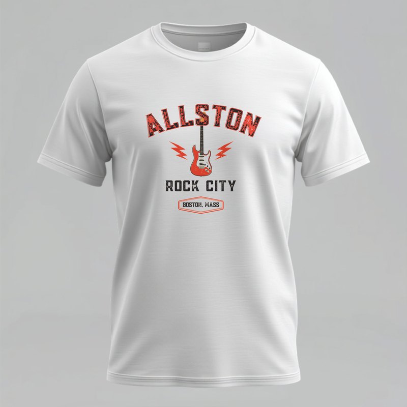 Allston Rock City varsity t-shirt with electric guitar