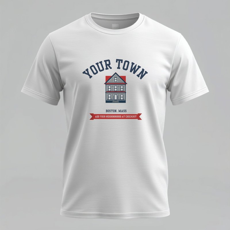 Custom Boston neighborhood varsity t-shirt with your town name