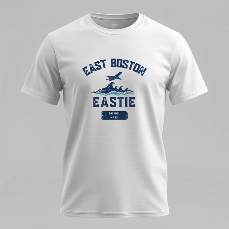 East Boston Eastie varsity t-shirt with airplane over the harbor