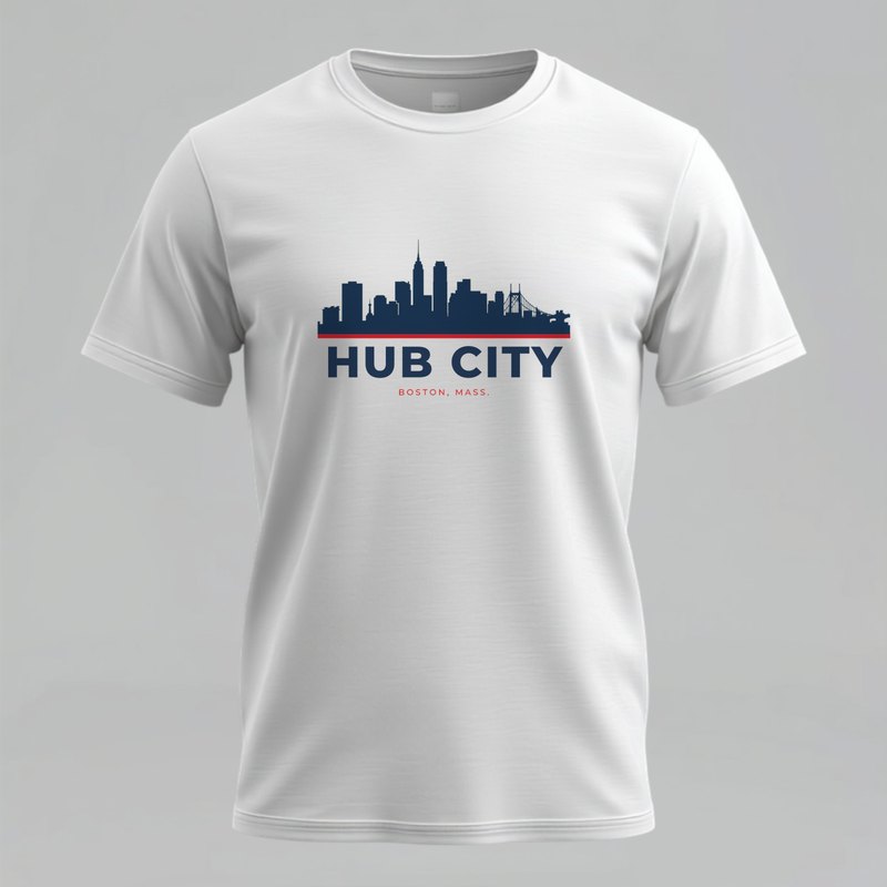 Hub City Boston skyline t-shirt with Prudential, Hancock, Zakim, and Fenway